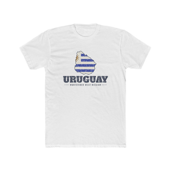 Uruguay Montevideo West Mission Flag Map shirt in White: flag of Uruguay in the outline of Uruguay with navy lettering, front view