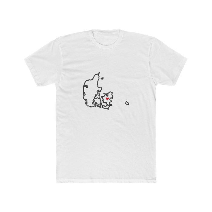 Denmark Copenhagen Mission Heart Map shirt in White: Denmark outline with a red heart, front view
