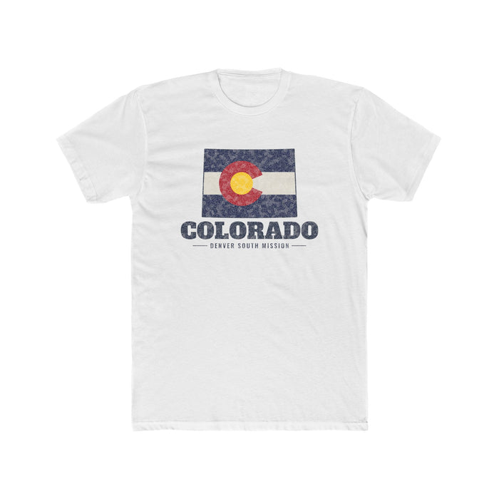 Colorado Denver South Mission Flag Map shirt in White: Colorado state flag in the outline of Colorado with navy lettering, front view