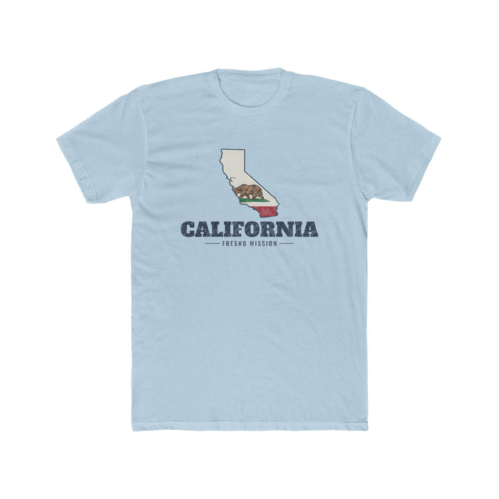 California Fresno Mission Flag Map shirt in Light Blue: California state flag in the outline of California with navy lettering, front view