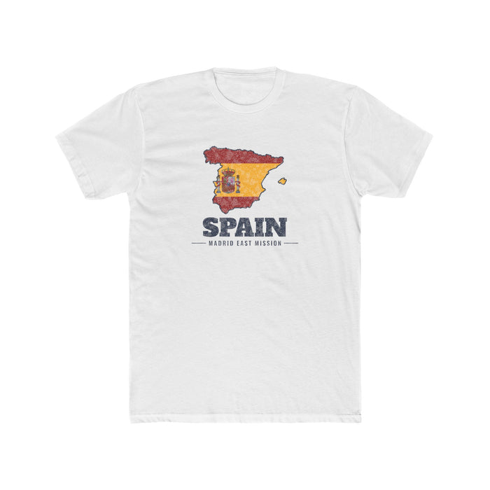 Spain Madrid East Mission Flag Map shirt in White: flag of Spain in the outline of Spain with navy lettering, front view
