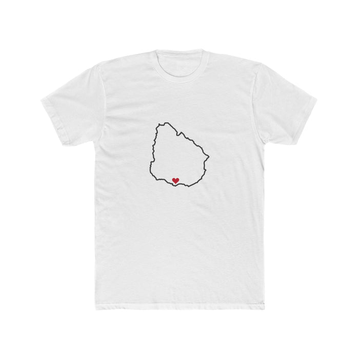 Uruguay Montevideo West Mission Heart Map shirt in White: Uruguay outline with a red heart, front view