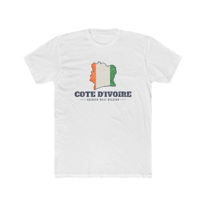 Cote d'Ivoire Abidjan West Mission Flag Map shirt in White: flag of Cote d'Ivoire in the outline of Cote d'Ivoire with navy lettering, front view
