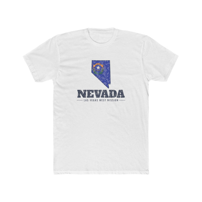 Nevada Las Vegas West Mission Flag Map shirt in White: Nevada state flag in the outline of Nevada with navy lettering, front view