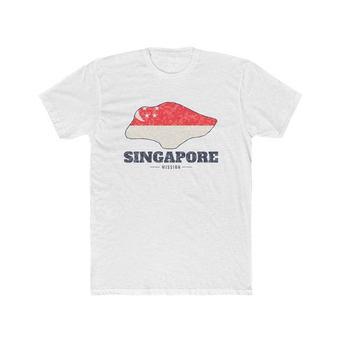 Singapore Mission Flag Map shirt in White: flag of Singapore in the outline of Singapore with navy lettering, front view