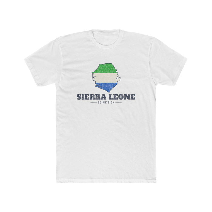 Sierra Leone Bo Mission Flag Map shirt in White: flag of Sierra Leone in the outline of Sierra Leone with navy lettering, front view