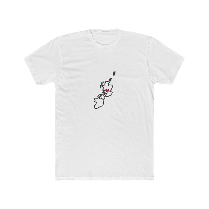 Scotland/Ireland Mission Heart Map shirt in White: Scotland outline with a red heart, front view