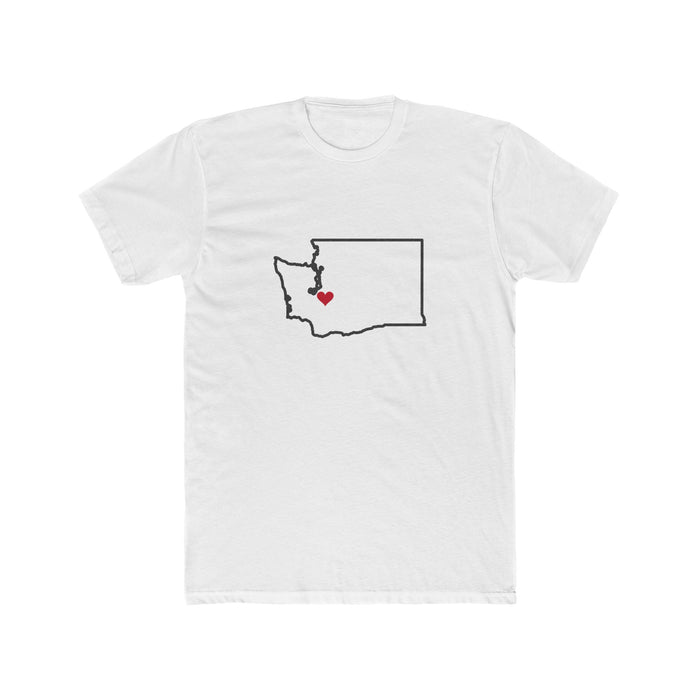 Washington Tacoma Mission Heart Map shirt in White: Washington outline with a red heart, front view