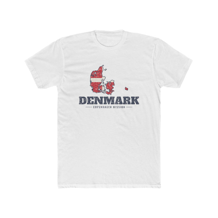 Denmark Copenhagen Mission Flag Map shirt in White: flag of Denmark in the outline of Denmark with navy lettering, front view