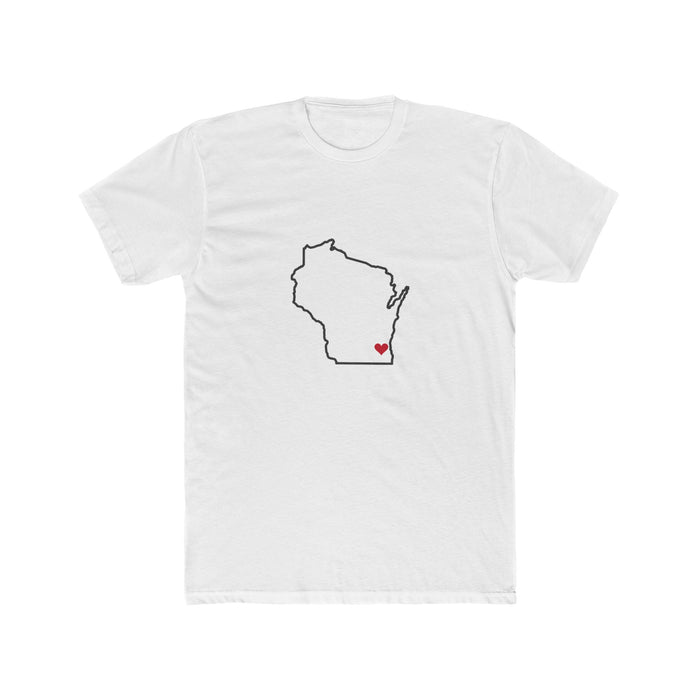 Wisconsin Milwaukee Mission Heart Map shirt in White: Wisconsin outline with a red heart, front view