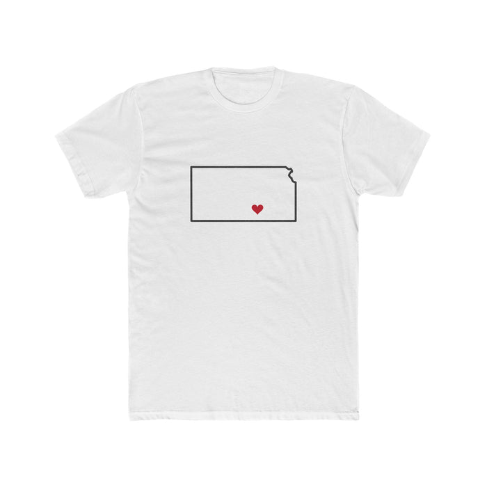 Kansas Wichita Mission Heart Map shirt in White: Kansas outline with a red heart, front view