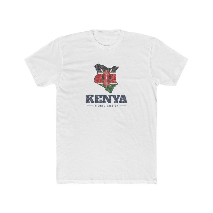 Kenya Kisumu Mission Flag Map shirt in White: flag of Kenya in the outline of Kenya with navy lettering, front view
