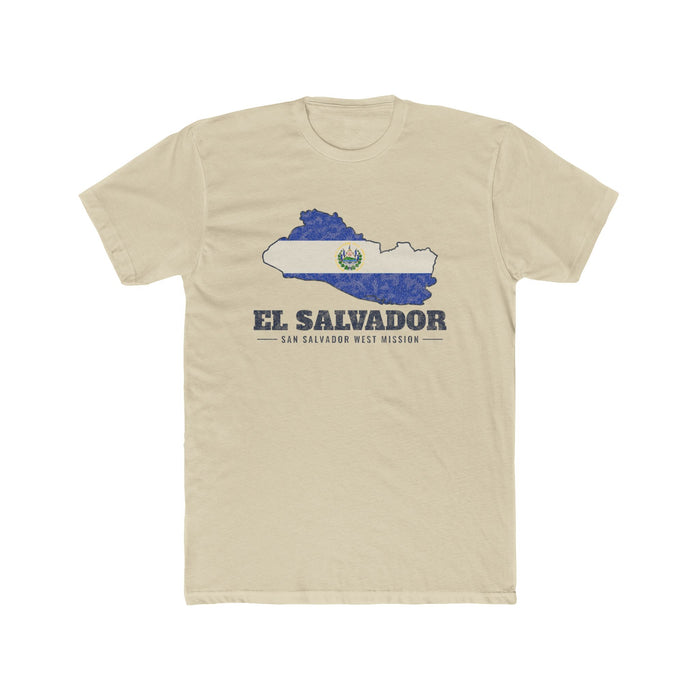 El Salvador San Salvador West Mission Flag Map shirt in Cream: flag of El Salvador in the outline of El Salvador with navy lettering, front view