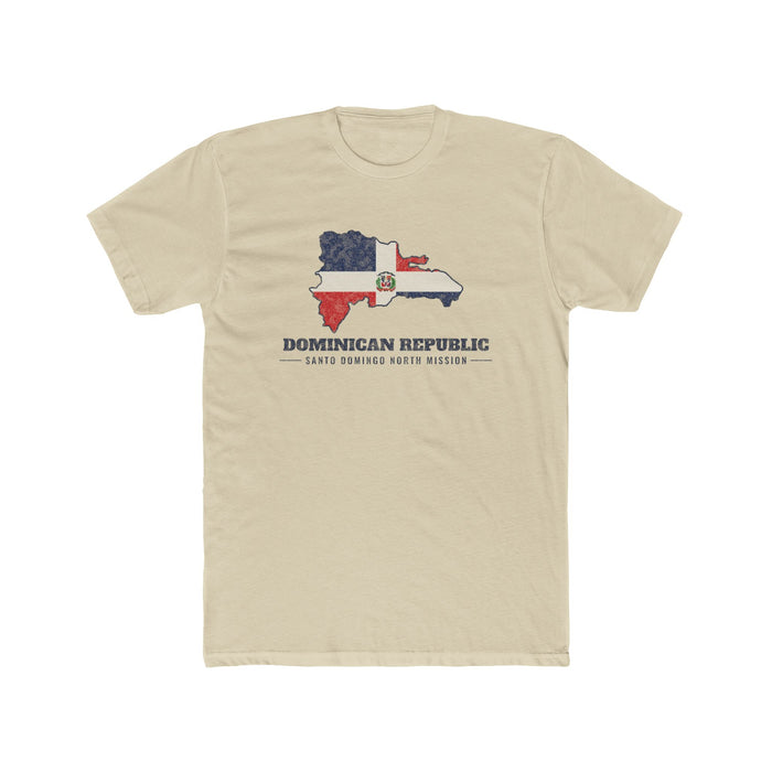 Dominican Republic Santo Domingo North Mission Flag Map shirt in Cream: flag of the Dominican Republic in the outline of the Dominican Republic with navy lettering, front view