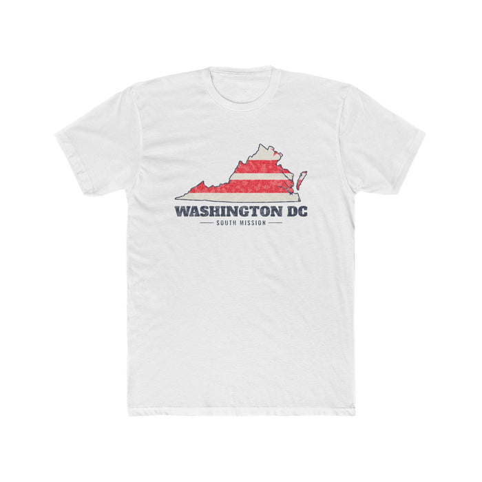 Washington DC South Mission Flag Map shirt in White: flag of Washington, D.C. on a map of the capital region with navy lettering, front view