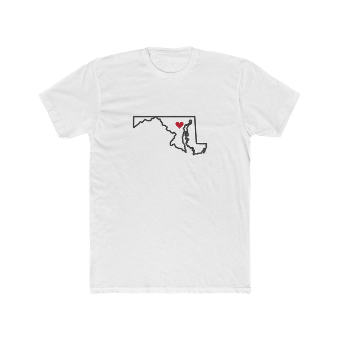 Maryland Baltimore Mission Heart Map shirt in White: Maryland outline with a red heart, front view