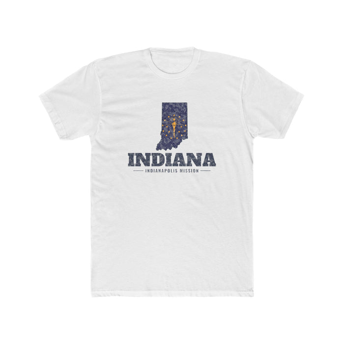 Indiana Indianapolis Mission Flag Map shirt in White: Indiana state flag in the outline of Indiana with navy lettering, front view