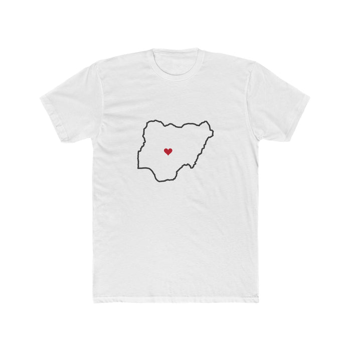 Nigeria Abuja Mission Heart Map shirt in White: Nigeria outline with a red heart, front view