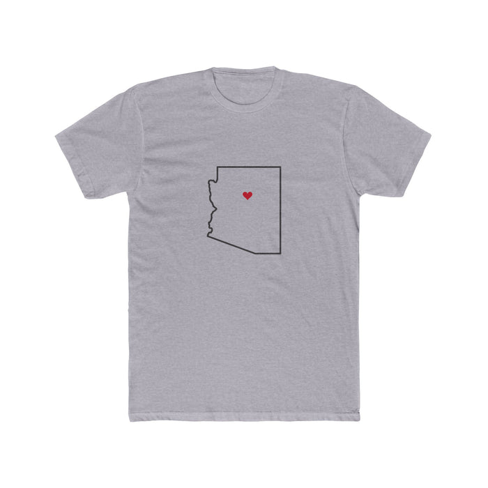 Arizona Flagstaff Mission Heart Map shirt in Heather Grey: Arizona outline with a red heart, front view