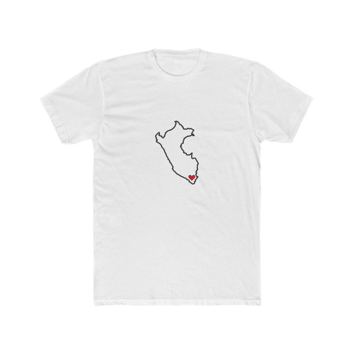 Peru Tacna Mission Heart Map shirt in White: Peru outline with a red heart, front view