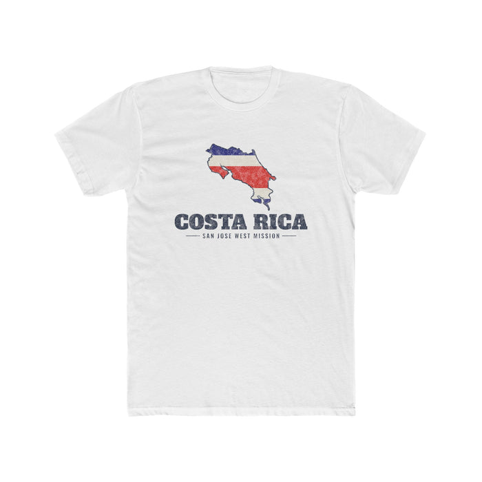 Costa Rica San Jose West Mission Flag Map shirt in White: flag of Costa Rica in the outline of Costa Rica with navy lettering, front view