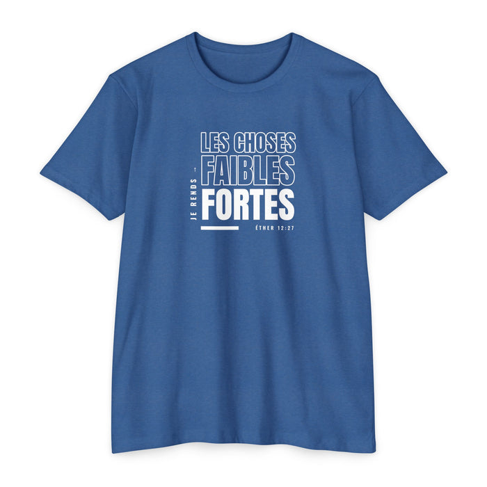 Weak Things Become Strong shirt in French on Heather Cool Blue: “Je rends les choses faibles fortes”, Éther 12:27