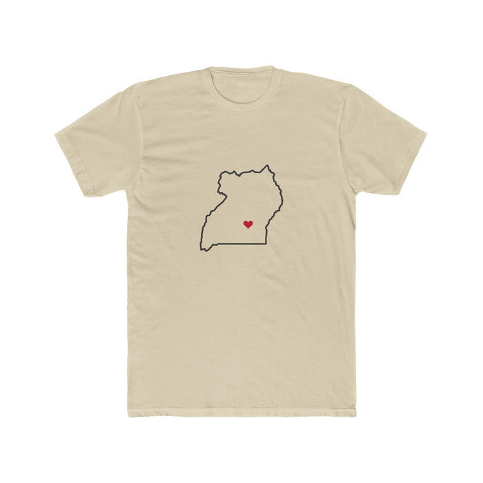 Uganda Kampala East Mission Heart Map shirt in Cream: Uganda outline with a red heart, front view