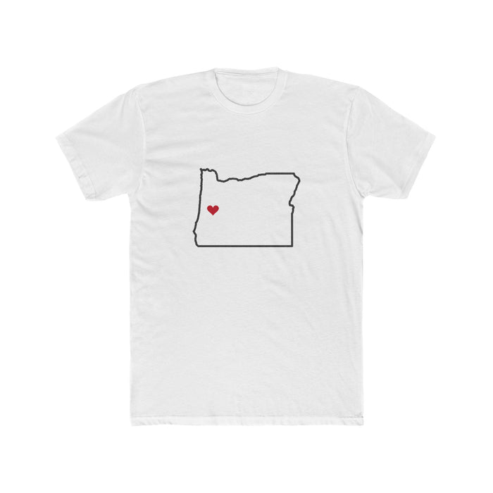 Oregon Eugene Mission Heart Map shirt in White: Oregon outline with a red heart, front view