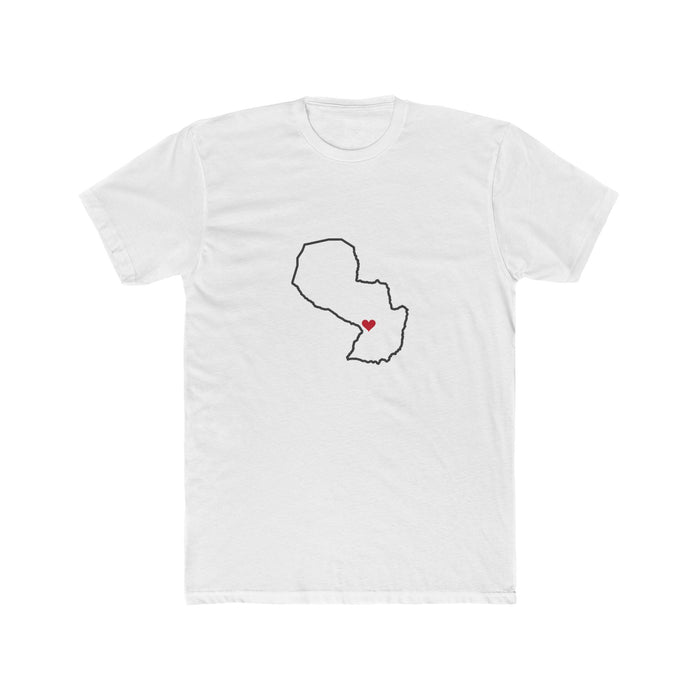 Paraguay Asuncion East Mission Heart Map shirt in White: Paraguay outline with a red heart, front view