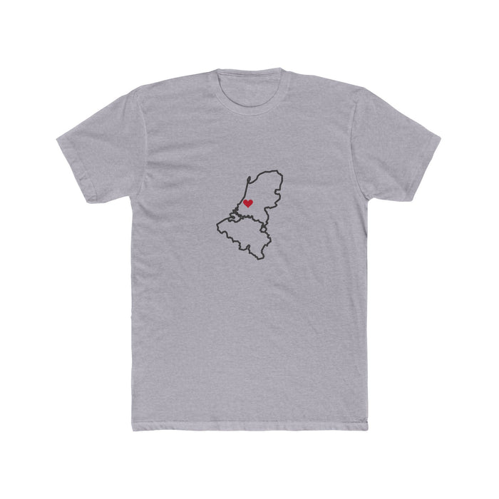 Belgium/Netherlands Mission Heart Map shirt in Heather Grey: Belgium/Netherlands outline with a red heart, front view