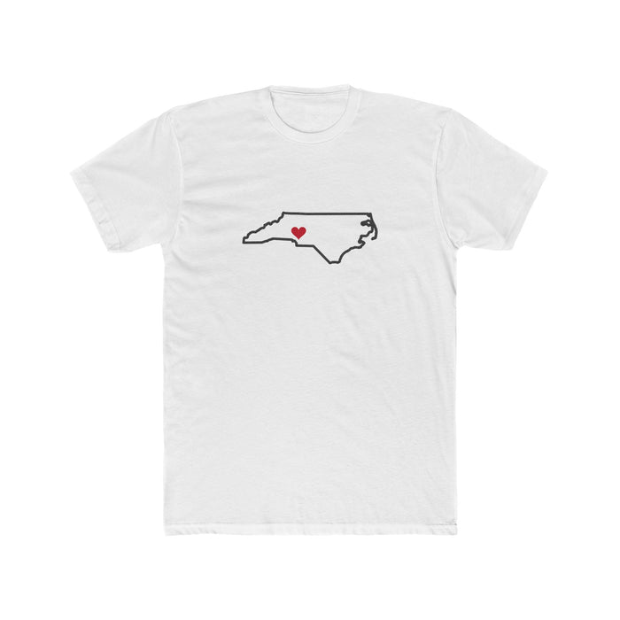 North Carolina Charlotte Mission Heart Map shirt in White: North Carolina outline with a red heart, front view