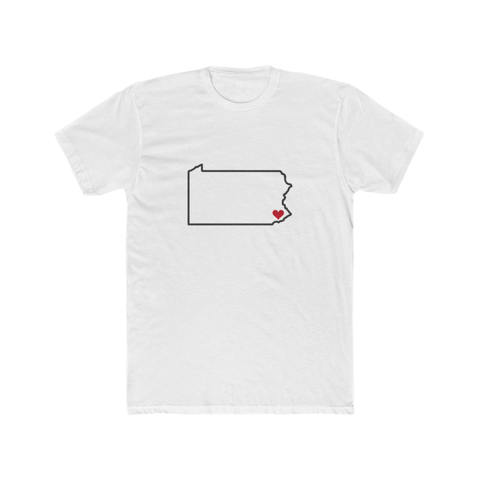 Pennsylvania Philadelphia Mission Heart Map shirt in White: Pennsylvania outline with a red heart, front view