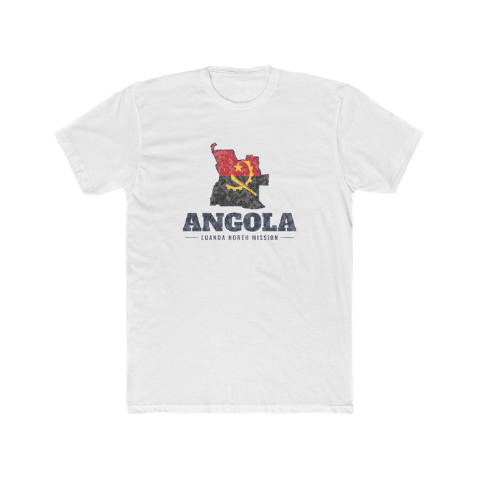 Angola Luanda North Mission Flag Map shirt in White: flag of Angola in the outline of Angola with navy lettering, front view
