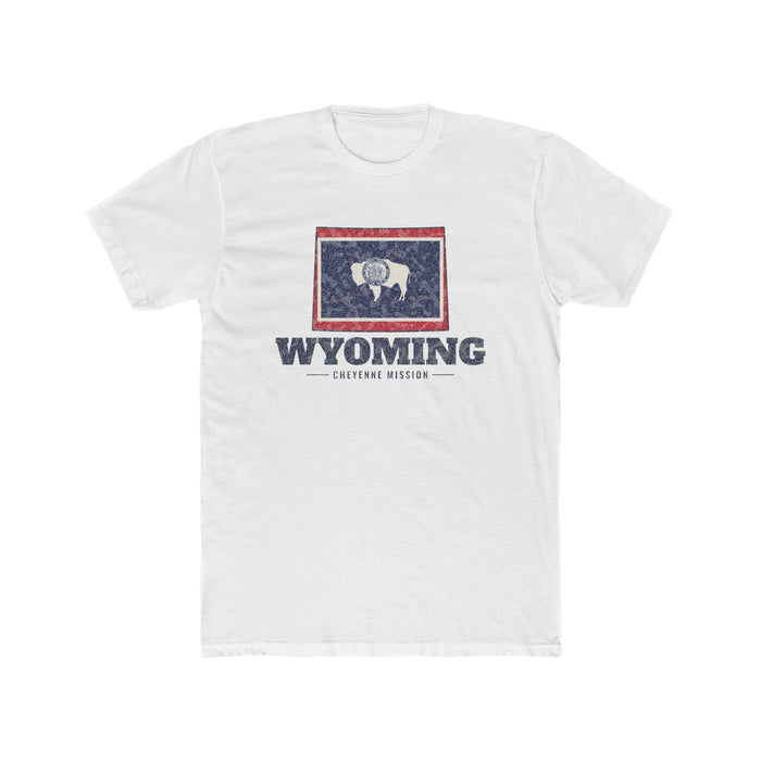Wyoming Cheyenne Mission Flag Map shirt in White: flag-filled map printed on the front