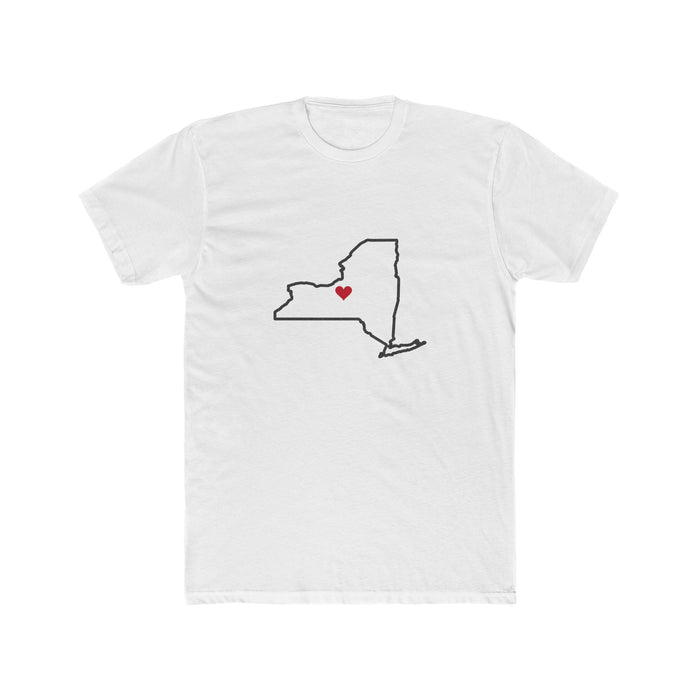 New York Syracuse Mission Heart Map shirt in White: New York outline with a red heart, front view