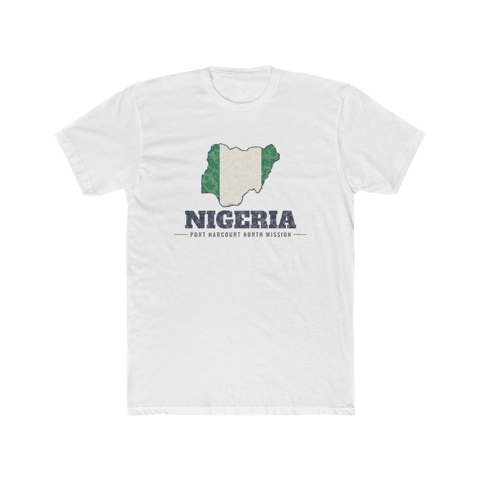 Nigeria Port Harcourt North Mission Flag Map shirt in White: flag of Nigeria in the outline of Nigeria with navy lettering, front view