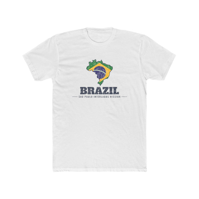 Brazil Sao Paulo Interlagos Mission Flag Map shirt in White: flag of Brazil in the outline of Brazil with navy lettering, front view