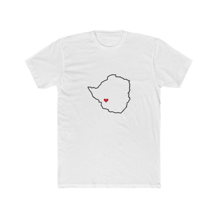 Zimbabwe Bulawayo Mission Heart Map shirt in White: Zimbabwe outline with a red heart, front view