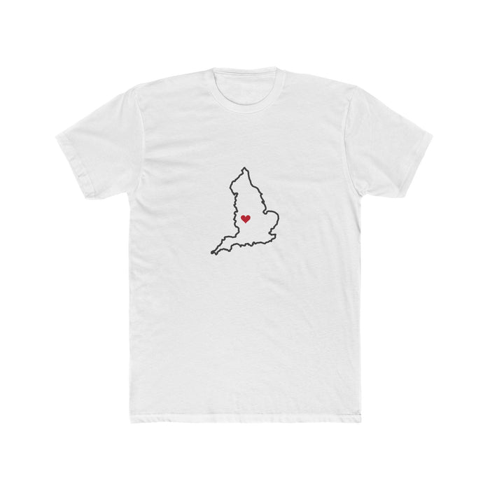 England Birmingham Mission Heart Map shirt in White: England outline with a red heart, front view