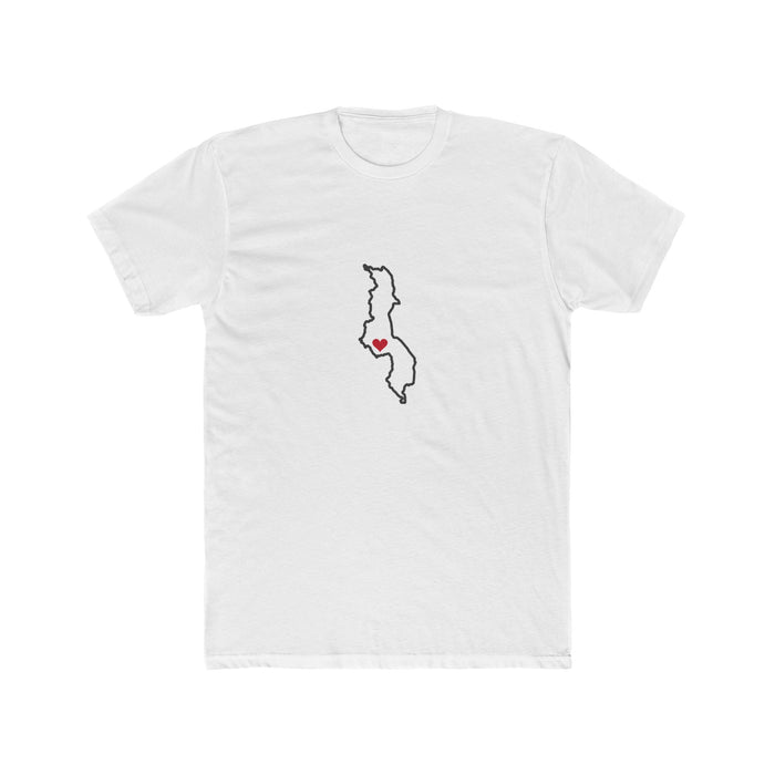 Malawi Lilongwe Mission Heart Map shirt in White: Malawi outline with a red heart, front view