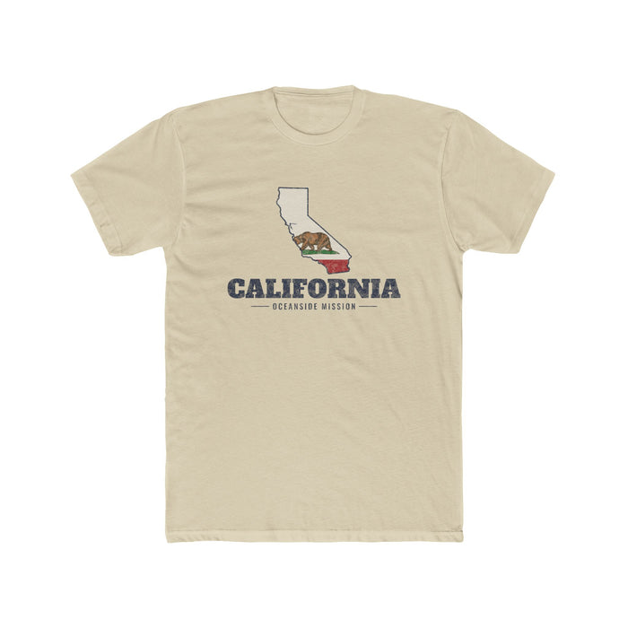 California Oceanside Mission Flag Map shirt in White: California state flag in the outline of California with navy lettering, front view