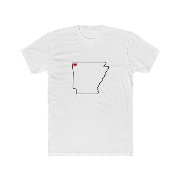 Arkansas Bentonville Mission Heart Map shirt in White: Arkansas outline with a red heart, front view