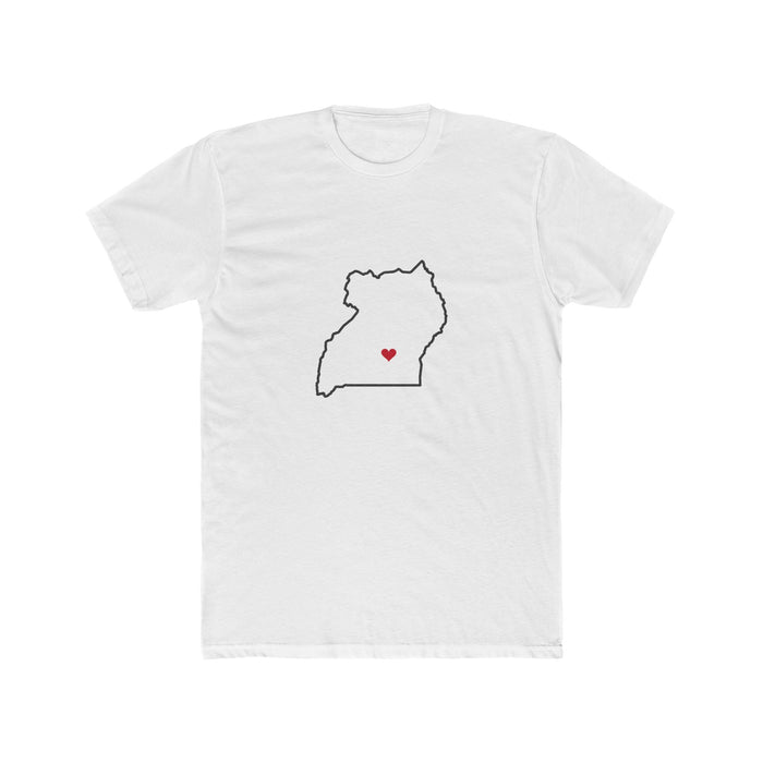 Uganda Kampala Mission Heart Map shirt in White: Uganda outline with a red heart, front view