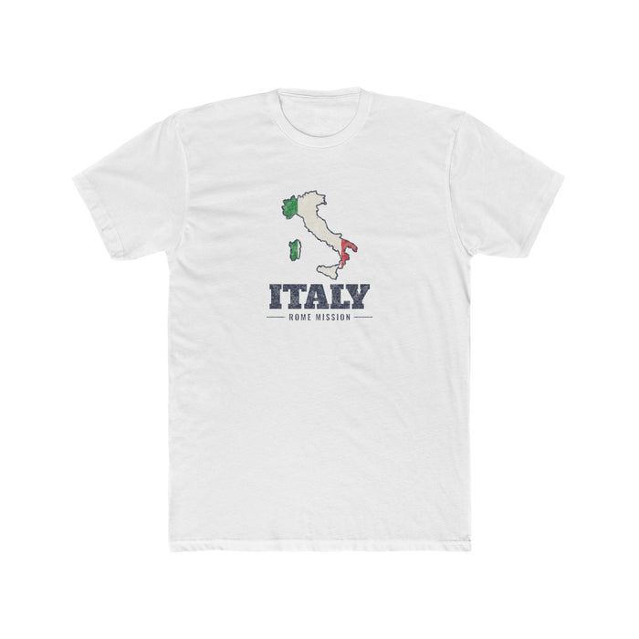 Italy Rome Mission Flag Map shirt in White: flag of Italy in the outline of Italy with navy lettering, front view