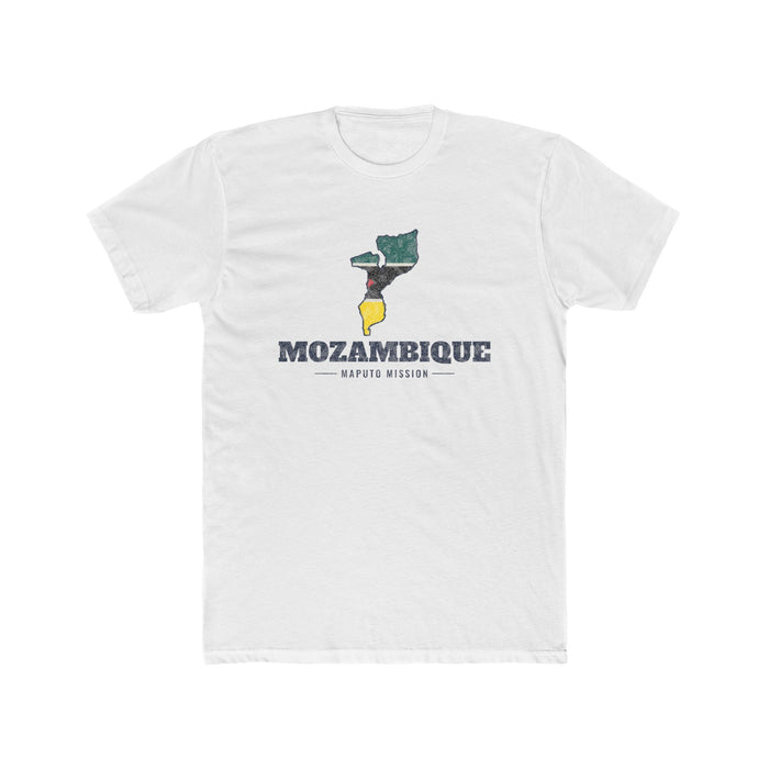 Mozambique Maputo Mission Flag Map shirt in White: flag of Mozambique in the outline of Mozambique with navy lettering, front view