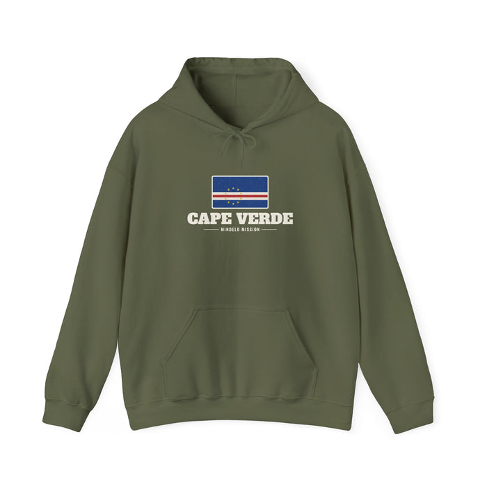Cape Verde Mindelo Mission Flag Map Hoodie in Military Green, front view with the flag map and mission name