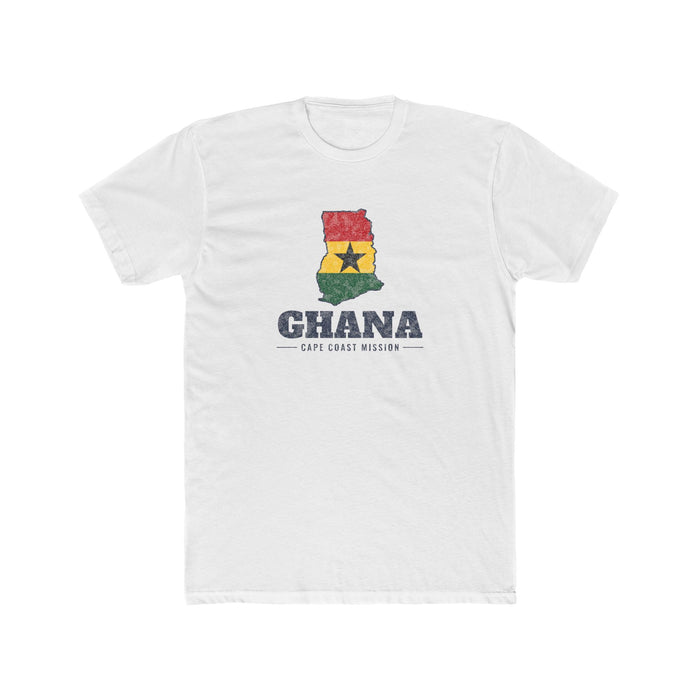 Ghana Cape Coast Mission Flag Map shirt in White: flag of Ghana in the outline of Ghana with navy lettering, front view