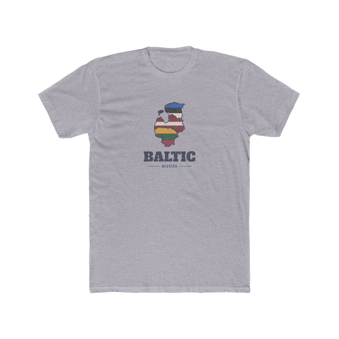 Baltic Mission Flag Map shirt in Heather Grey: flags of Estonia, Latvia and Lithuania in their country outlines with navy lettering, front view