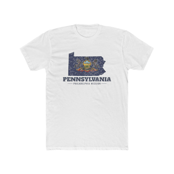 Pennsylvania Philadelphia Mission Flag Map shirt in White: Pennsylvania state flag in the outline of Pennsylvania with navy lettering, front view
