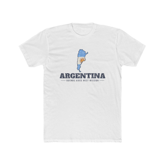 Argentina Buenos Aires West Mission Flag Map shirt in White: flag of Argentina in the outline of Argentina with navy lettering, front view